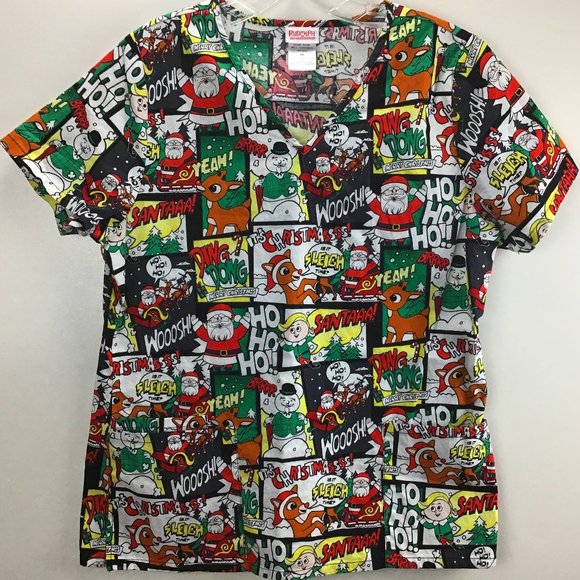Rudolph Tops - Rudolph The Red‎ Nose Reindeer Holiday Christmas Festive Scrubs Size Medium